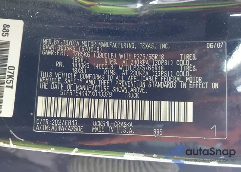 2007 Toyota Tundra Sr5 4.7L V8 z USA, uszkodzony, nr VIN 5TFRT54147X013379